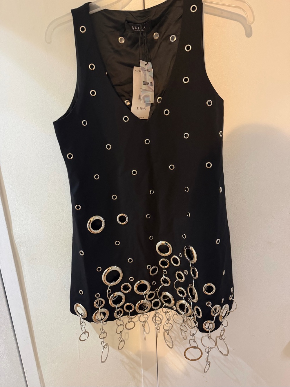 AKIRA Black Eyelet Chain-Hem Sleeveless V-Neck Dress